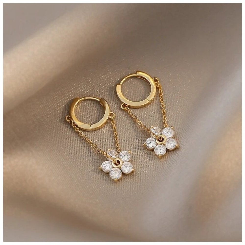 INS Style Fashion Ring Earrings Chain Zircon Flower Pendant Earrings